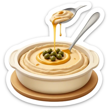 Cinematic Realistic Hummus Dish Emoji, depicted as a creamy chickpea dip drizzled with olive oil rendered with rich textures and warm, inviting lighting. sticker