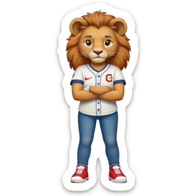 confident anthropomorphised female lion wearing a baseball shirt, jeans, trainers, standing with arms crossed, dominant pose sticker