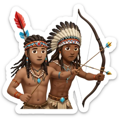 Black American man dark brown with dreads with a American Indian headdress shooting a bow and arrow at a native Indian while they run sticker