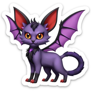 Black edgy Noibat-Purloin-Torracat-Lykoi-Caracal-cat-Fakemon-fusion-hybrid-creature with with tufted ears, tufted tail, bat wings as ears, head wings, ear wings, vampiric, batty, violet and red scale markings sticker