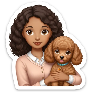 woman with  brown  skin,longblack not too wavy  hair and brown  eyes is holding a apricotpoodle puppy sticker
