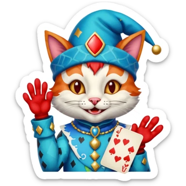 crazy colorful cute little cat jolly joker from poker, medieval, vintage, court jester, mac os icon, blue color, holds a single poker card on the right paw sticker