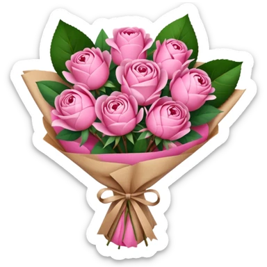 Bouquet of pink flower like rose and peony wrapped in kraft paper sticker