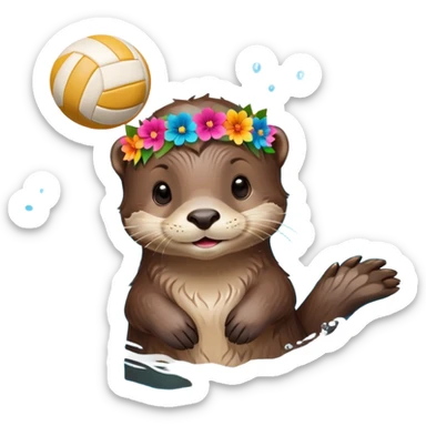 super cute baby otter with a colorful flower crown ring around its head, gentle expression, FLOATING ON EXTREMELY OBVIOUS BRIGHT BLUE WATER with exaggerated large waves, splashes and ripples surrounding the otter, baby otter holding a volleyball with both paws above the very prominent water sticker