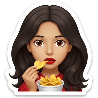 make a tan girl with wavy black long hair length. Medium small lips, dark brown eyes. and a thin straight down long nose. Make her eating red chips sticker
