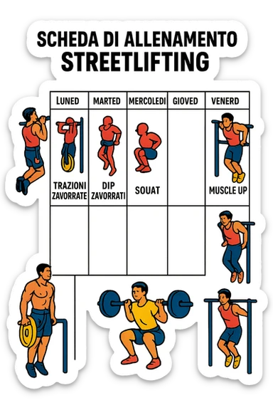 a streetlifting training sheet with icons for each exercise—weighted pull-ups, weighted dips, squats, muscle-ups—organized in a weekly schedule. Around the sheet, small illustrations show athletes performing each movement with proper form. The color palette is bold and energetic, and the background is clean and minimal. in italiano sticker