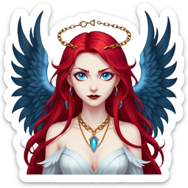 extremely diabolical girl with massive towering wings, very long flowing blood red hair, glowing blue eyes, black hellfire aura, no horns, evil grin, gold necklace sticker