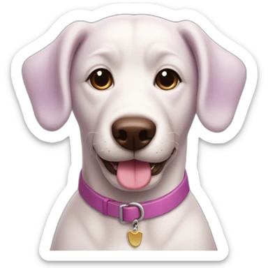 a purple dog with a brown nose and a pink collar with a bone happy  sticker