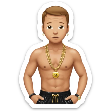 Donnie Wahlberg with golden brown hair, black sequin baggy pants, shirtless with necklace sticker