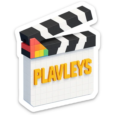 voxel style movie clapperboard with the text 'PLAVLEYS', white body, black lid, isometric view sticker