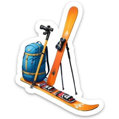 Icon for Mountain Tourism: a snowy mountain peak in the landscape, with skis, a snowboard, an ice axe, a backpack and a camera. The icon should capture the adventure and exploration of mountain landscapes. Transparent background. sticker