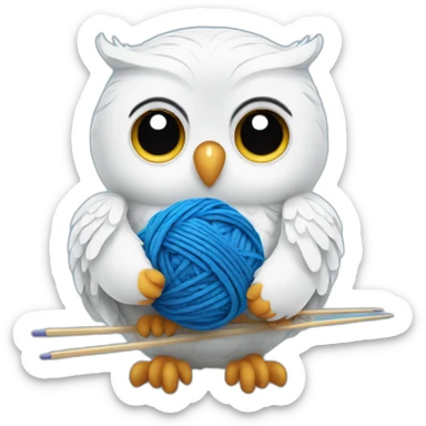 White Owl holding blue yarn ball and knitting needles sticker