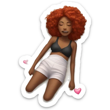 A black woman laying on her back on the beach, looking sick, red hair plats, butter flies around, pink hearts sticker
