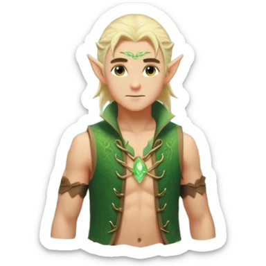 elf male legolas wading in shallow tide pool, palm emitting soft green light to heal glowing coral, practical open vest over bare chest, determined gaze, pointy ears, vibrant underwater plants, centered emoji, nature guardian summer sticker