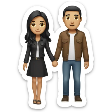 a couple holding hands. the guy has black middle part hair and is Persian and Filipino mix, wearing a jacket. the girl has brown medium length hair white and asian mix, wearing a crop top. sticker