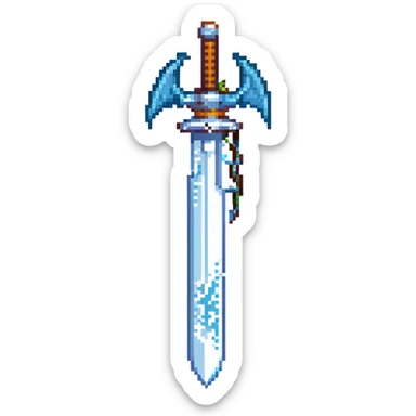 Snow Dragon Sword, pixel art style, icy blue blade with dragon motifs, pixelated details, fantasy weapon sticker