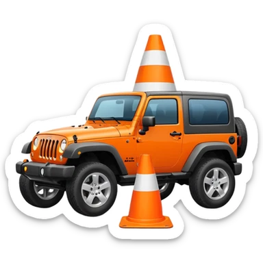 Jeep Wrangler running over a white traffic cone, tire contact visible, emoji style sticker