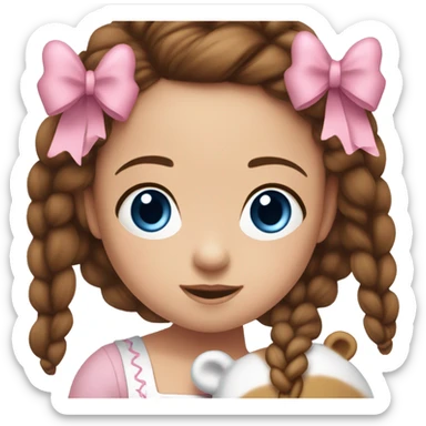 Little Girl with White skin, blue eyes. Long brown hair with two braids and two pink bows in it. She is wearing a pink and White dress, standing and holding on to a teddybear. sticker
