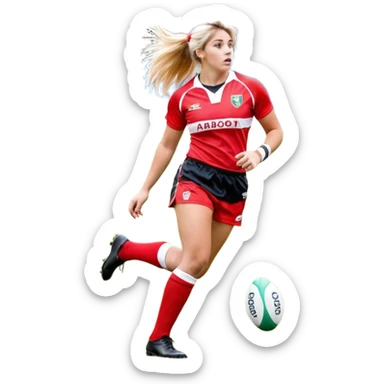 Chica de pelo rubio tirada en el suelo boca abajo agarrando un balón DE RUGBY con las manos vestida con una equipación de color rojo y blanco con líneas, manchada de barro y con unas botas de tacos de fútbol, con un bucal en la boca y el pelo con trenzas, se la tienen que ver las 2 piernas  sticker