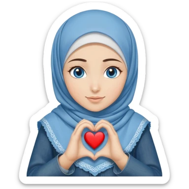 Turkish beautiful finish Konya girl blue eyes with denim hijab islamic dress and making heart with hands and with thank you text sticker