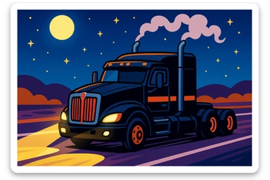 vibrant cartoon black Kenworth T680 Flat Top semi sleeper cruising on highway at night, smoke rising from stacks, bright headlights, moon and stars in sky, playful and dynamic sticker