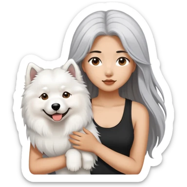  asiatic girl in the black tank top with long gray  hair and a samoyed sticker