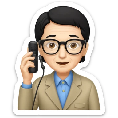 Un locutor de radio,edad avanzada,  pelo negro, con gafas, sticker