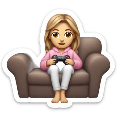 White girl with light brown hair wrapped up in a blanket sitting on a couch with a pink gaming controller in her hands sticker