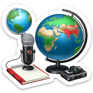 An icon showing a microphone, a notepad, and a camera, symbolizing journalism. The design includes a globe in the background, representing global news, and a breaking news banner for emphasis. Transparent background highlights the dynamic world of media and reporting. sticker