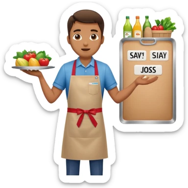 Supermarket employee at a cash register, full body, serving a man surprised sticker