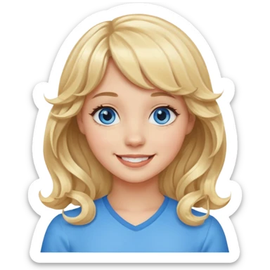 Please generate an image of a girl. She has blue eyes, blonde, wavy hair with bangs, and is smiling. sticker