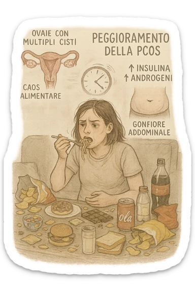 Donna tra i 25 e i 35 anni seduta sul divano o a un tavolo disordinato, circondata da cibi sparsi e poco sani: patatine, dolci, pane bianco, snack confezionati, bibite. Mangiando di fretta, ha un’espressione stanca e frustrata. Intorno a lei, in trasparenza o come illustrazione simbolica, si vedono gli effetti della PCOS peggiorata: ovaie con cisti multiple, squilibrio ormonale (↑ insulina, ↑ androgeni), gonfiore addominale. Sullo sfondo, orologio che corre o caos visivo che comunica disorganizzazione alimentare. Colori spenti e atmosfera stanca. Stile realistico con elementi simbolici e informativi. in italiano sticker