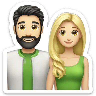 A happy couple, blond girl with blue eyes and black haired and bearded man with green eyes sticker