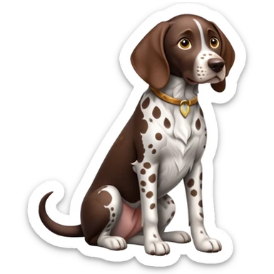 cinematic-[german pointer]-realistic-full-body-sitting-emoji,-tail-resting-loosely-beside-its-paws,-head-tilted-dramatically,-sleek-[brown and white spotten]-fur,-simplified-yet-realistic-focused-features,-highly-detailed,-glowing-with-an-almost-sarcastic-glow sticker