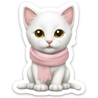 White kitten wearing a baby pink scarf  sticker