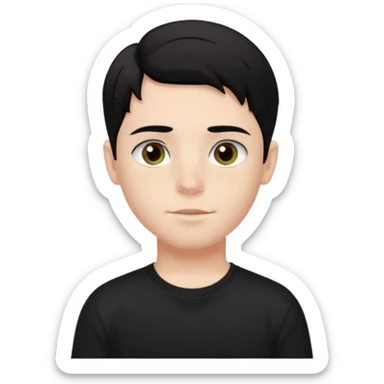 A beautiful boy with black hair and hazel green and brown eyes and white skin , with dark freckles and black t shirt with HAIRCUT: middle part hair hair with a center part haircut  sticker