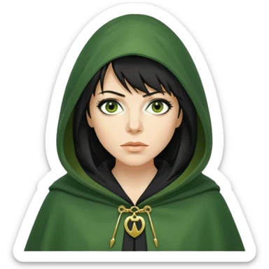 claudia winkleman as a traitor with a green hooded cloak with a gold clasp and dark strong black eyeliner sticker
