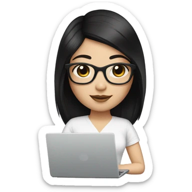 Create me a girl with a square cut, black hair, and square glasses and white skin with a laptop sticker