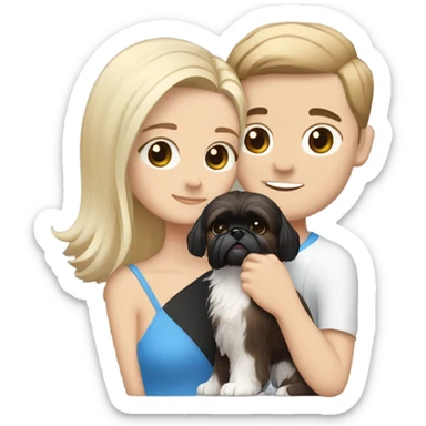 White man with blonde hair and blue eyes and woman with brown eyes and hair hugging with black and white shih tzu sticker