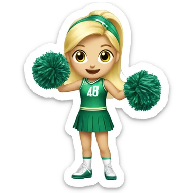 blonde hair, blue eyed girl Cheerleader cheering with green and yellow uniform and poms  sticker