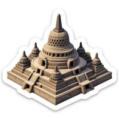 Cinematic Realistic Borobudur Landmark Emoji, showcasing the majestic ancient Buddhist temple rendered with intricate textures and serene, historic lighting. sticker
