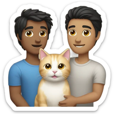 Gay couple, 1 guy Latino black straight black hair and 1 Australian white guy with blonde slightly curly hair holding a cat sticker