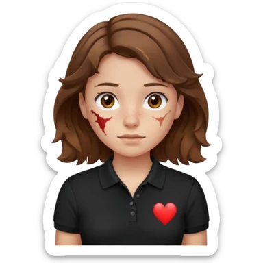 crie uma garota com ferimentos cabelo ondulado 2c castanho e blusa polo básica preta sticker