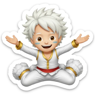 Create a joyful cartoon-style emoji of Luffy as a laughing character with wild, fluffy white hair and a glowing white outfit. The character should have a big open smile, one hand on its face in laughter, and be in a dynamic mid-air pose with bent legs, as if carefree and floating. sticker