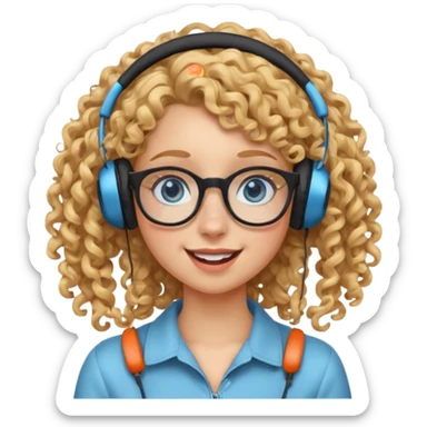blond kid with unique face features and very curly hair kid girl happy and big glasess and big nose and very blue eyes with freckles kind of nerd looking and headphone wearing sticker