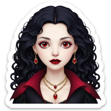 Vampire lady Pale queen with ruby necklace, curly black long hair sticker