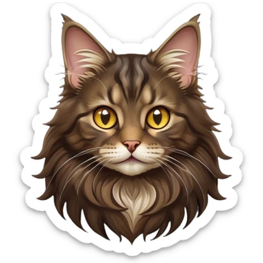Cinematic Cute Maine Coon Cat Portrait Emoji, Head tilted playfully and inquisitively, sleek black, dark brown tones, Simplified yet adorable features, highly detailed, glowing with a warm, friendly glow, high shine, curious and affectionate, stylized with a touch of whimsy, bright and alert, soft glowing outline, capturing the essence of a mischievous yet loving kitten, so endearing it feels like it could pounce out of the screen and play with its fluffy tail swishing! sticker