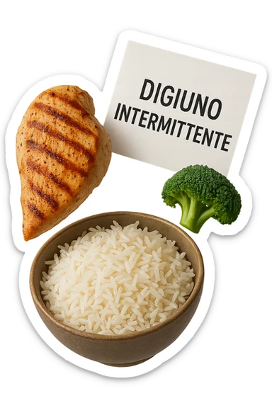 petto di pollo grigliato, bowl di riso basmati e broccoletti fluttuano in aria insieme ad un foglio con la scritta "DIGIUNO INTERMITTENTE", iperrealistico 4k sticker
