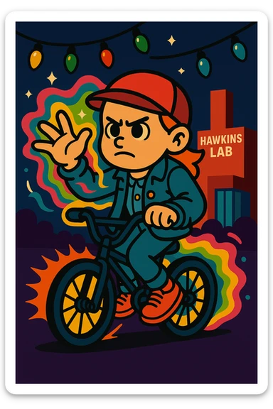 Stranger Things character in vibrant toon style, full color. Character with bicycle, Eleven's powers, Christmas lights, Hawkins Lab in the background, dynamic pose, colorful and lively, variation 1. sticker