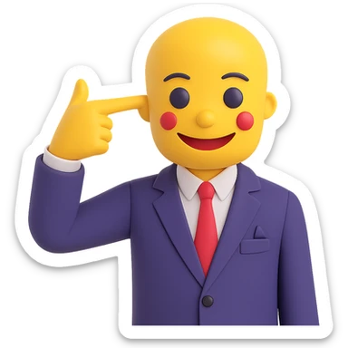 Adjust the image so the finger gun gesture is pointed directly at the temple, mimicking the classic 'blowing brains out' pose but not graphic or violent, with a smiley face. Keep the background transparent. sticker